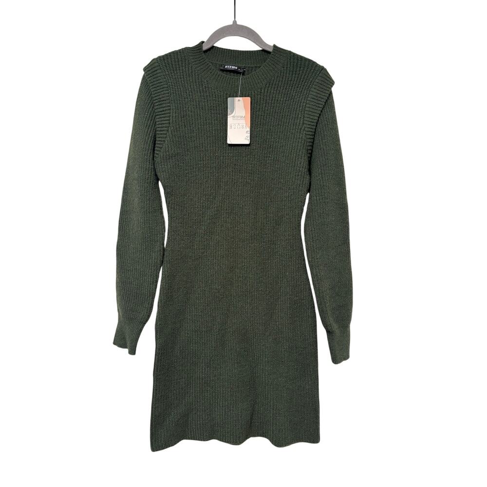 BTFBM Women’s Knit Sweater Dress Olive Green Long Sleeve Crew Neck Size M NWT - Picture 3 of 9